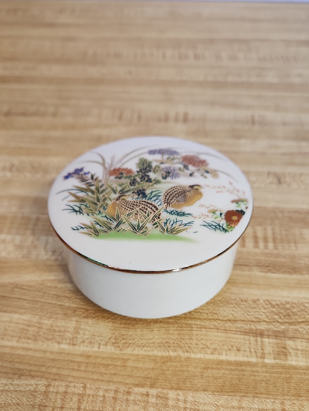 Japanese Porcelain Trinket Box with Quail and Floral Motif